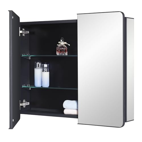 Black Bathroom Mirror Medicine Cabinet with Round Corner Framed Door 30 x 25.6 inch, Recessed or Surface Mount, with Adjustable Glass Shelves - size: 30 x 25.6 inch