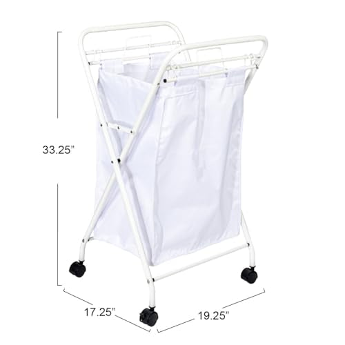 Household Essentials Rolling Laundry Hamper, Heavy Duty Canvas Bag, 2 Load Capacity, Foldable Frame, White Bag with Velcro Fasteners, White - color: White/White