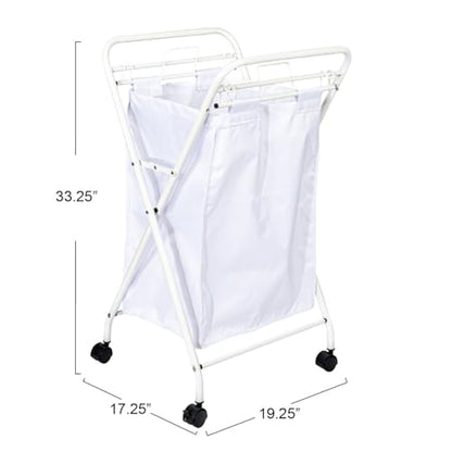 Household Essentials Rolling Laundry Hamper, Heavy Duty Canvas Bag, 2 Load Capacity, Foldable Frame, White Bag with Velcro Fasteners, White - color: White/White
