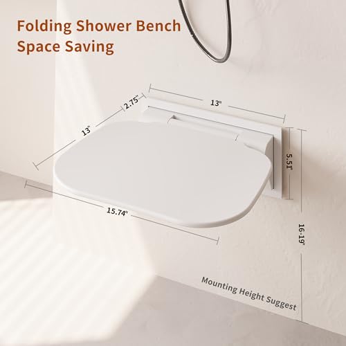 Folding Shower Seat Wall Mounted Shower Chair 15.7" with Embed CS Seat Bracket Bistable Structure Aluminum Base 440lb Load Capacity for Bathroom Remodel, White - size: White