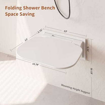 Folding Shower Seat Wall Mounted Shower Chair 15.7" with Embed CS Seat Bracket Bistable Structure Aluminum Base 440lb Load Capacity for Bathroom Remodel, White - size: White