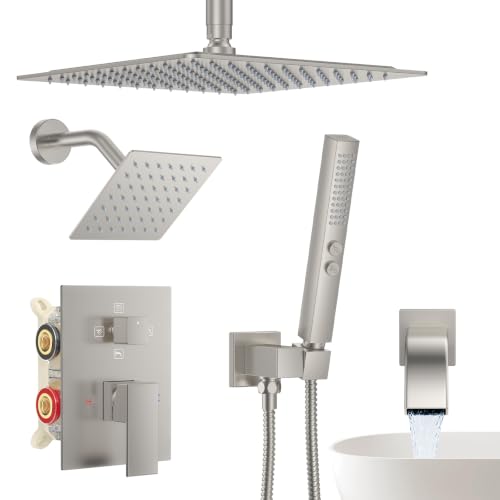 Brushed Nickel Rainfall Shower System – Complete Spa Faucet Set with Handheld Sprayer & Mixer Valve – Tub Spout Bathroom Fixture Trim Kit - color: Brushed Nickel, size: 6''+12''+Bathtub Faucet