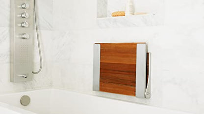 Seachrome Silhouette Natural Teak Wood Wall Mount Folding Shower Seat Bench with Silver Frame - color: Teak Wood Seat With Silver Frame