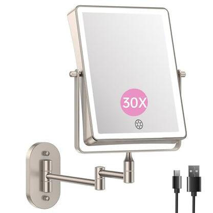 FASCINATE 8.7" 5000mAh Rechargeable Wall Mounted Makeup Mirror (Nickel) | Bathroom Mirror Rectangle Double Sided Touch Switch 1X 30X Magnifying, 3 Color Setting, Extended Arm 360° Swivel Foldable - color: Nickel a