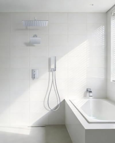 Rain Shower System with Rough-in Valve, Wall Mount Shower Faucet Set with 12" & 6" Dual Rain Shower Heads, 2-in-1 Handheld Shower, Tub Spout, 4-Function Complete Shower Fixture, Chrome - color: Chrome, size: Wall Mount-12"+6" head with Tub Spout & Handhel