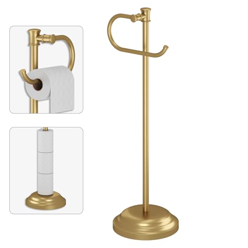 Toilet Paper Holder Floor Stand, Bathroom Freestanding Gold | Toilet Tissue Roll Holder, Free Standing Rack with Storage, Weighted Base Accessories, SUS304 Stainless Steel Rustproof - color: Gold
