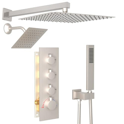 Enga Thermostatic Dual Shower System, 12"+6" Wall Mount Dual Rain Shower Faucet, All Functions Use Together & Volume Adjustable, Brushed Nickel - color: Brushed Nickel, style: ‎12"+6" Head