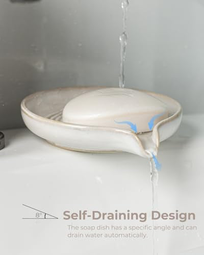 Zoeeker Soap Dish with Drainage, Ceramic Self Draining Bar Soap Holder | Bar Soap Saver with Waterfall Design Round Soap Tray for Shower Bathroom Kitchen Sink Bathtub, Keep Bar Soap Dry, Beige White - color: Beige White, size: Round