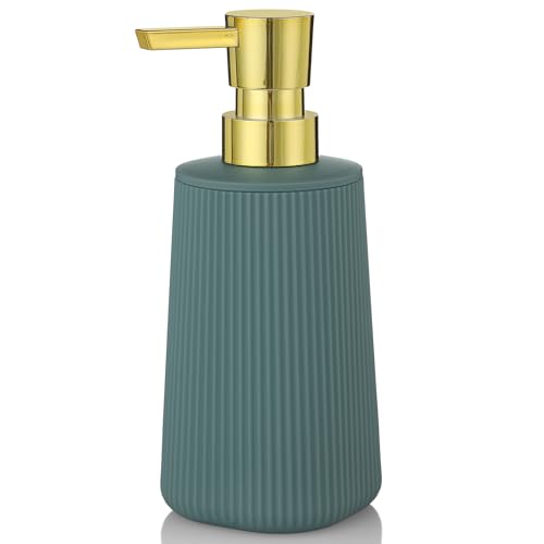 YAUKPH Small Soap Dispenser for Bathroom and Kitchen Matte Green and Gold | Modern Farmhouse Striped Style Plastic Hand Soap Dish Soap Dispenser with Pump - color: Green and Gold