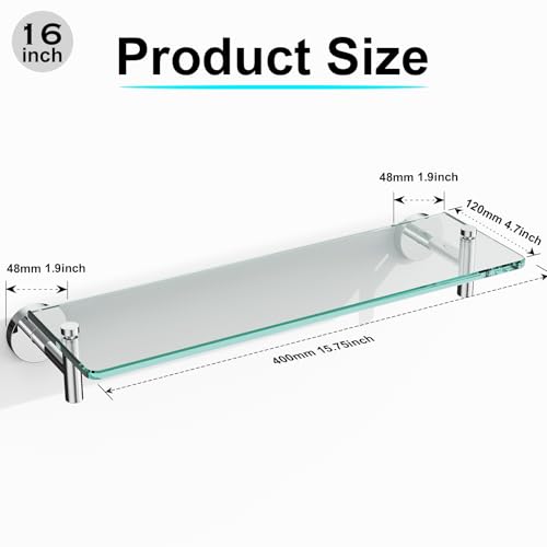 Glass Shelves for Bathroom,16-Inch Chrome Polished Floating Bathroom Shelf Stainless Steel Tempered Glass Shelf Modern Shelves wall Mounted - color: Chrome Polished, size: 16"without railing