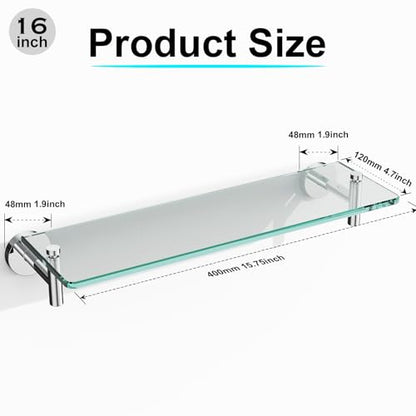 Glass Shelves for Bathroom,16-Inch Chrome Polished Floating Bathroom Shelf Stainless Steel Tempered Glass Shelf Modern Shelves wall Mounted - color: Chrome Polished, size: 16"without railing
