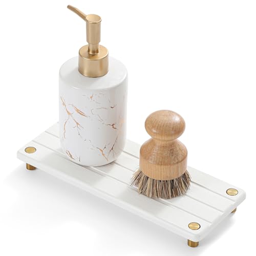 Instant Dry Sink Caddy Kitchen Sink Organizer, Quick Drying Diatomaceous Earth Stone Sink Tray Sponge Holder Soap Dish, Bathroom Countertop Vanity Dispenser Toothbrush, Gold White, 10" x 4" - color: 1. Gold - White, size: 10" x 4" x 1"