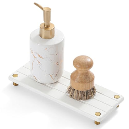 Instant Dry Sink Caddy Kitchen Sink Organizer, Quick Drying Diatomaceous Earth Stone Sink Tray Sponge Holder Soap Dish, Bathroom Countertop Vanity Dispenser Toothbrush, Gold White, 10" x 4" - color: 1. Gold - White, size: 10" x 4" x 1"