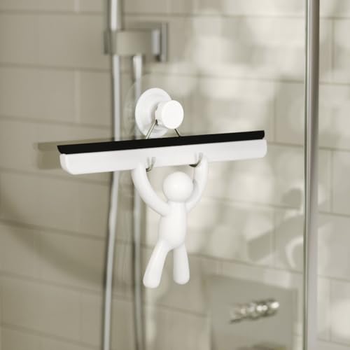 Umbra Buddy Adhesive Squeegee, Shower Glass and Mirror Cleaner, White | Streak-free flexible blade, mounts on tile or drywall, easy clean silicone, anti-rust plastic