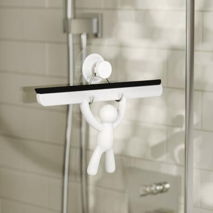 Umbra Buddy Adhesive Squeegee, Shower Glass and Mirror Cleaner, White | Streak-free flexible blade, mounts on tile or drywall, easy clean silicone, anti-rust plastic