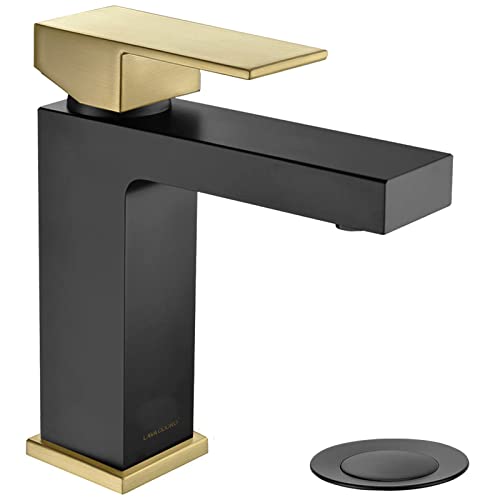 Black and Gold Bathroom Faucet, Brass Single Hole Bathroom Sink Faucet Single Handle with Drain Assembly, Deck Plate Included, BF307-GB - color: Brushed Gold/Matte Black