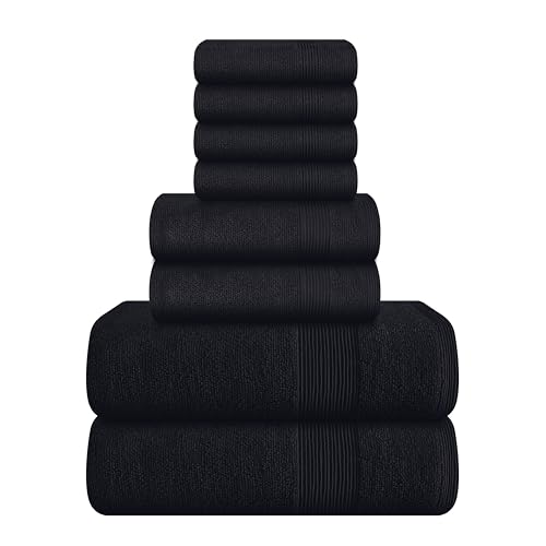 8 Piece Towel Set 100% Ring Spun Cotton, 2 Bath Towels 27x54, 2 Hand Towels 16x28 and 4 Washcloths 13x13 - Ultra Soft Highly Absorbent Machine Washable Hotel Spa Quality - Black - color: Black, size: 8 Piece Towel Set