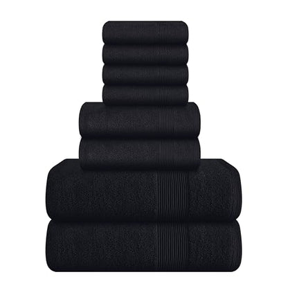 8 Piece Towel Set 100% Ring Spun Cotton, 2 Bath Towels 27x54, 2 Hand Towels 16x28 and 4 Washcloths 13x13 - Ultra Soft Highly Absorbent Machine Washable Hotel Spa Quality - Black - color: Black, size: 8 Piece Towel Set