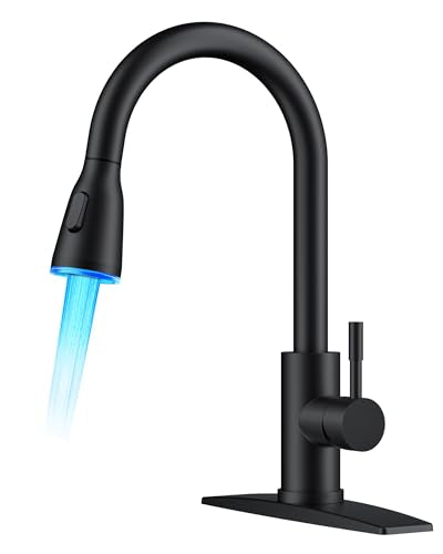 FORIOUS Kitchen Faucet with LED Light Sprayer, Single Hole, Black | Stainless Steel LED Sink Faucet with Pull Down Sprayer, High Arc Single Handle, Suitable for Farmhouse Laundry Camper Rv Bar - color: Matte Black