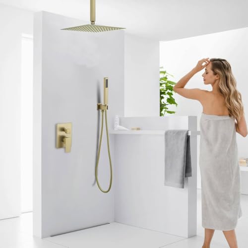 12 Inch Brushed Gold Ceiling Mount Shower System Bathroom Luxury Rain Mixer Shower Combo Set Ceiling Rainfall Shower Head System Faucet Contain Rough-in Valve and Trim Included - color: Brushed Gold, size: 12 Inch