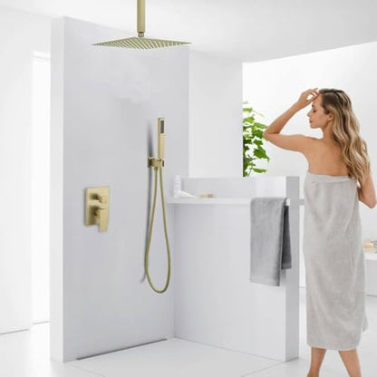 12 Inch Brushed Gold Ceiling Mount Shower System Bathroom Luxury Rain Mixer Shower Combo Set Ceiling Rainfall Shower Head System Faucet Contain Rough-in Valve and Trim Included - color: Brushed Gold, size: 12 Inch