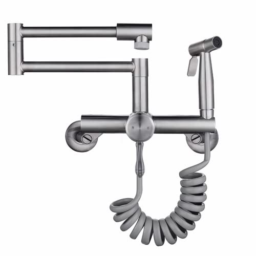 Wall Mount Kitchen Faucet 4""-8"" Center, Pot Filler Tap with Side Sprayer | 304 Stainless Steel Constructed, Brushed Nickle, Rotatable, Foldable - color: Style C, Large S-Union