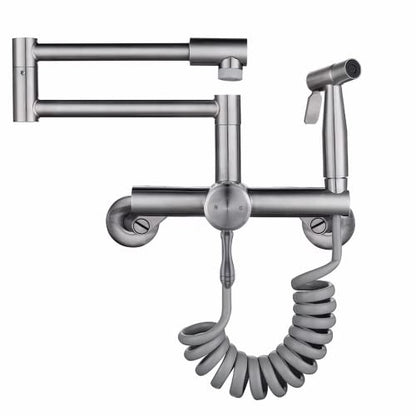 Wall Mount Kitchen Faucet 4""-8"" Center, Pot Filler Tap with Side Sprayer | 304 Stainless Steel Constructed, Brushed Nickle, Rotatable, Foldable - color: Style C, Large S-Union