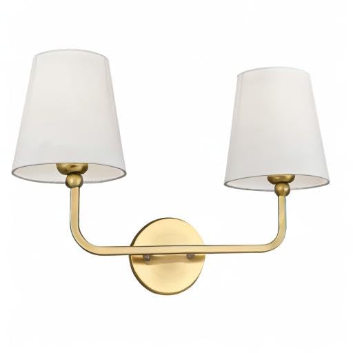 2 Light Bathroom Vanity Light, Brushed Gold Double Wall Sconce with Flared White Fabric Shade, Modern Sconces Wall Lighting for Hallway Bedroom Stairway, VL837-BG | 17" double wall sconce, upward only, E26 base, hardwired, bulbs not included, VL837-BG - c