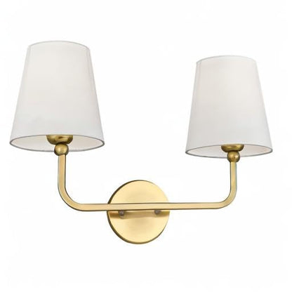2 Light Bathroom Vanity Light, Brushed Gold Double Wall Sconce with Flared White Fabric Shade, Modern Sconces Wall Lighting for Hallway Bedroom Stairway, VL837-BG | 17" double wall sconce, upward only, E26 base, hardwired, bulbs not included, VL837-BG - c
