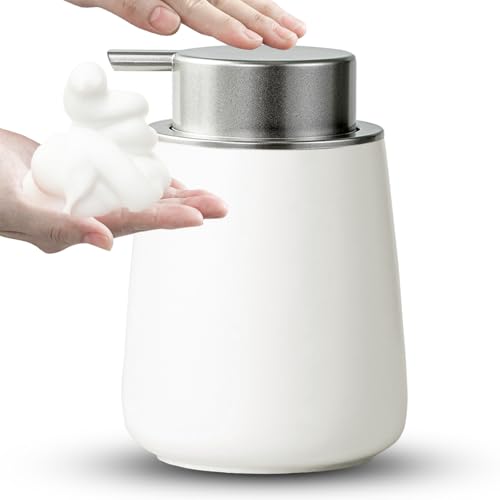 Foaming Soap Dispenser - 12 Oz White Ceramic Foam Hand Soap Dispenser for Bathroom, Face Wash Dispenser Bottle with Silvery Foaming Pump, Matte Lotion Dish Dispenser Refillable for Kitchen - color: White-slivery