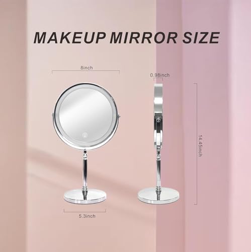 Makeup Mirror with Lights ，8 Inch 1X/10X Rechargeable Double Sided Magnifying, 360° Rotation LED HD Mirror with 3 Colors，Brightness Adjustable, Gifts for Women & Men