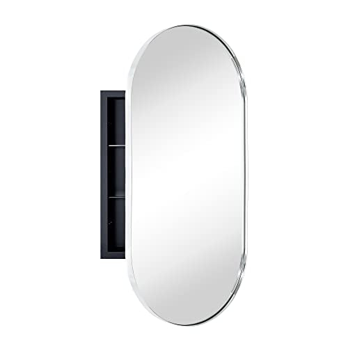 Chrome Oval Recessed Bathroom Medicine Cabinet with Mirror Stainless Steel Metal Framed Oblong Pill Shaped Bathroom Cabinet with Mirror 16x33'' - color: Chrome