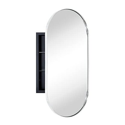 Chrome Oval Recessed Bathroom Medicine Cabinet with Mirror Stainless Steel Metal Framed Oblong Pill Shaped Bathroom Cabinet with Mirror 16x33'' - color: Chrome