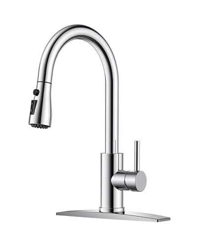 FORIOUS Kitchen Faucet with Pull Down Sprayer, Stainless Steel, Chrome | High Arc Single Handle, Traditional 3 Modes Bar Sink Faucet, Deck Plate for 1 or 3 Hole, Suitable for Farmhouse Rv Camper - color: Chrome, style: Traditional
