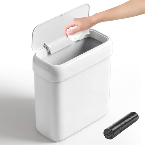 Small Bathroom Trash Can with Lid, 3.2 Gallon Slim Press-Top Trash Can, Pet-Resistant Narrow Plastic Wastebasket, White Garbage Bin for Bathroom Bedroom Office Dorm RV - size: 3.2 Gallon