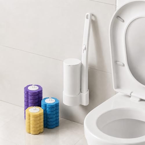 Disposable Toilet Brush Wand Starter Kit with 24 Pre-Loaded Cleaner-Infused Refills, Wall Mounted Toilet Bowl Cleaner System with Holder, Space-Saving Bathroom Cleaning Supplies for Home, RV