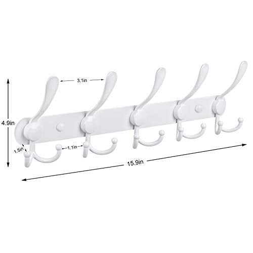 Coat Rack Wall Mount, Heavy Duty with 5 Tri Wall Hooks, Stainless Steel Hooks for Hanging Jackets, Hangers, Hats, Bags, Towels, Purse (White, 2Packs) - color: White