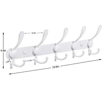 Coat Rack Wall Mount, Heavy Duty with 5 Tri Wall Hooks, Stainless Steel Hooks for Hanging Jackets, Hangers, Hats, Bags, Towels, Purse (White, 2Packs) - color: White