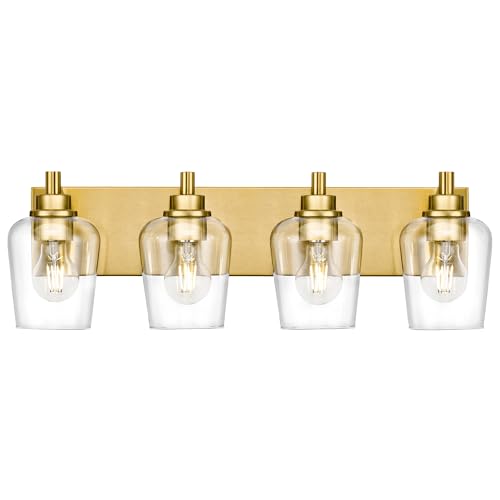 4-Light Brushed Gold Bathroom Vanity Light, Wine Clear Glass Shades | 25.4" modern bathroom light fixtures over mirror, E26 base, bulbs not included, VL155-BG-4 - color: Brushed Gold, Wine Glass Shade, size: 4-light