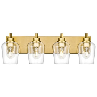 4-Light Brushed Gold Bathroom Vanity Light, Wine Clear Glass Shades | 25.4" modern bathroom light fixtures over mirror, E26 base, bulbs not included, VL155-BG-4 - color: Brushed Gold, Wine Glass Shade, size: 4-light