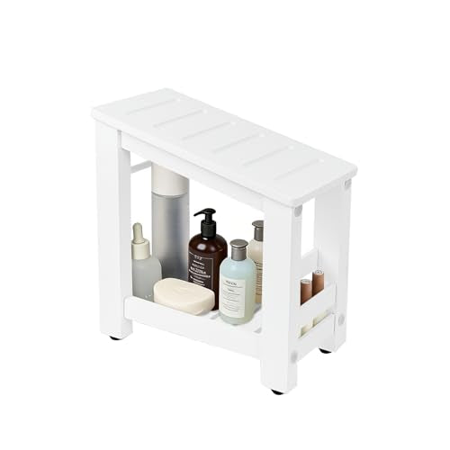 White Bamboo Shower Foot Rest for Shaving Legs, Water-Resistant Pedicure Foot Stool with Lower Storage Shelf, Compact Bathroom Shaving Step for Shower and Bath - color: White