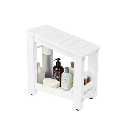 White Bamboo Shower Foot Rest for Shaving Legs, Water-Resistant Pedicure Foot Stool with Lower Storage Shelf, Compact Bathroom Shaving Step for Shower and Bath - color: White