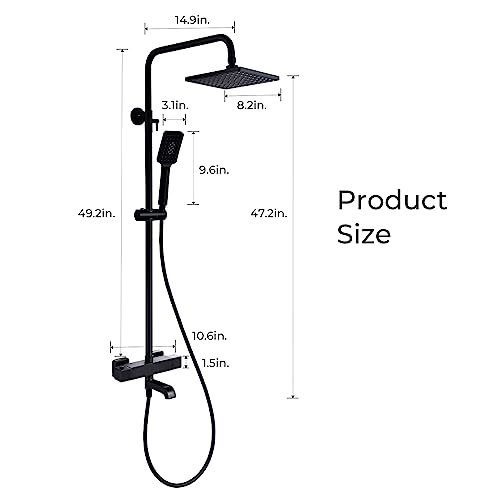 Thermostatic Outdoor Shower Fixtures System SUS304 Matte Black,Wall Mount Triple Function, with Adjustable Hand Sprayer and Tub Spout 8 inches Rainfall Shower Faucet, Square-Shaped,Bathroom