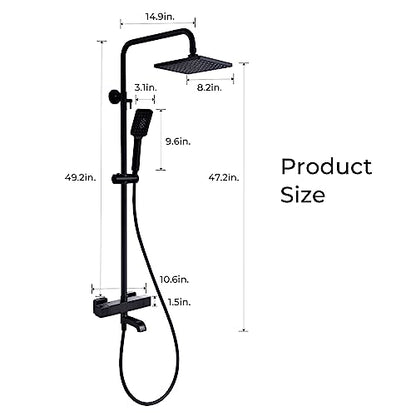 Thermostatic Outdoor Shower Fixtures System SUS304 Matte Black,Wall Mount Triple Function, with Adjustable Hand Sprayer and Tub Spout 8 inches Rainfall Shower Faucet, Square-Shaped,Bathroom