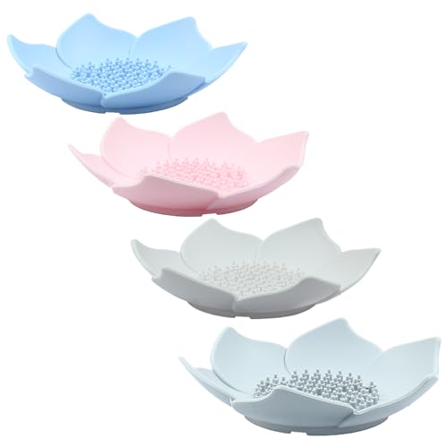 4 Pack Silicone Soap Dishes, Petal Shape | Bar Soap Holder, Bathroom Counter Bathtub Shower, Waterfall Drainer Kitchen, Easy Dry Self Draining