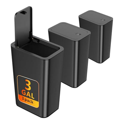 N. NETDOT 3 Pack Small Trash Can with lid, 3 Gallon Bathroom Trash Can,Garbage Can Slim Trash Bin Waste Basket for Bathroom,Kitchen,Bedroom,Living Room,Office,Laundry - Black - color: Black, size: 3 X 3 Gal