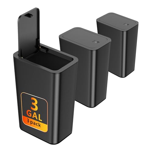 N. NETDOT 3 Pack Small Trash Can with lid, 3 Gallon Bathroom Trash Can,Garbage Can Slim Trash Bin Waste Basket for Bathroom,Kitchen,Bedroom,Living Room,Office,Laundry - Black - color: Black, size: 3 X 3 Gal
