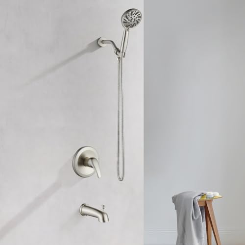 gotonovo Tub Shower Faucet Set with Valve 6 Mode Handheld Brushed Nickel | Bathtub Faucet Set,6 Mode ABS Handheld Spray,6.3’’ Metal Tub Spout,Brass Valve Trim Kit,Shower Head and Handle Kit,Wall Mount - color: Nickel