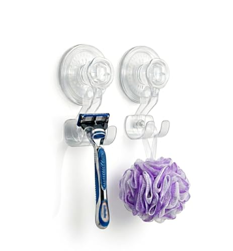 HOME&I Clear Suction Cup Razor Holder for Shower, 2 Pack Double Hook Bathroom Organizer, Quick Press-On Installation, Drill-Free Wall Mount for Razor, Loofah, Washcloth & Bath Accessories - style: Push Lock+Double Hook