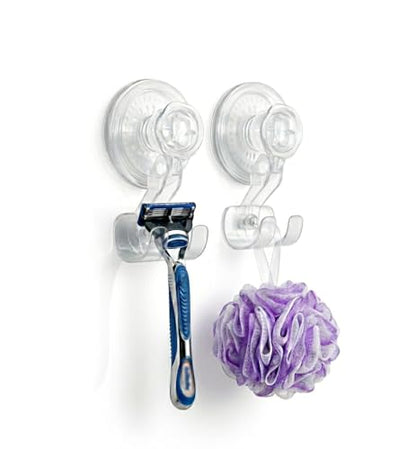 HOME&I Clear Suction Cup Razor Holder for Shower, 2 Pack Double Hook Bathroom Organizer, Quick Press-On Installation, Drill-Free Wall Mount for Razor, Loofah, Washcloth & Bath Accessories - style: Push Lock+Double Hook